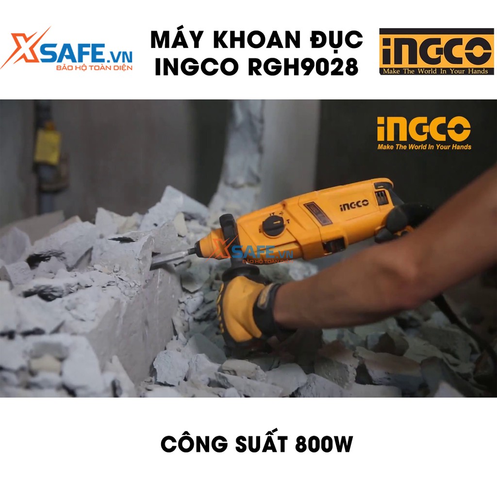 Máy khoan búa dùng pin 3 chức năng 800W INGCO RGH9028 đầu gài sds plus, tốc độ 1200 rpm tốc độ búa 5300bpm, lực đập 2.5j