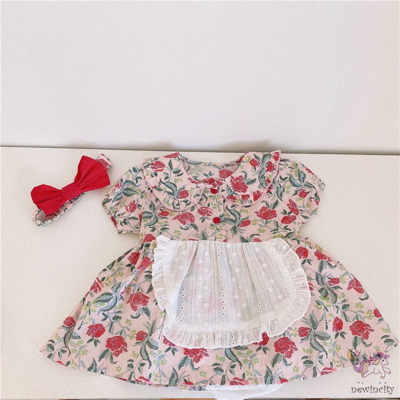 Đầm Tay Ngắn In Hoa Kèm Băng Đô Phong Cách Hàn Quốc Cho Bé Gái