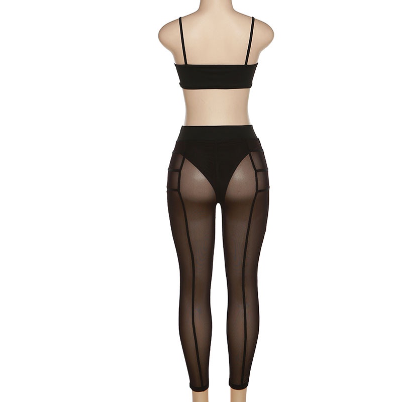 Set Áo Tank Top Hở Lưng + Quần Dài Eo Cao Phối Lưới Thời Trang