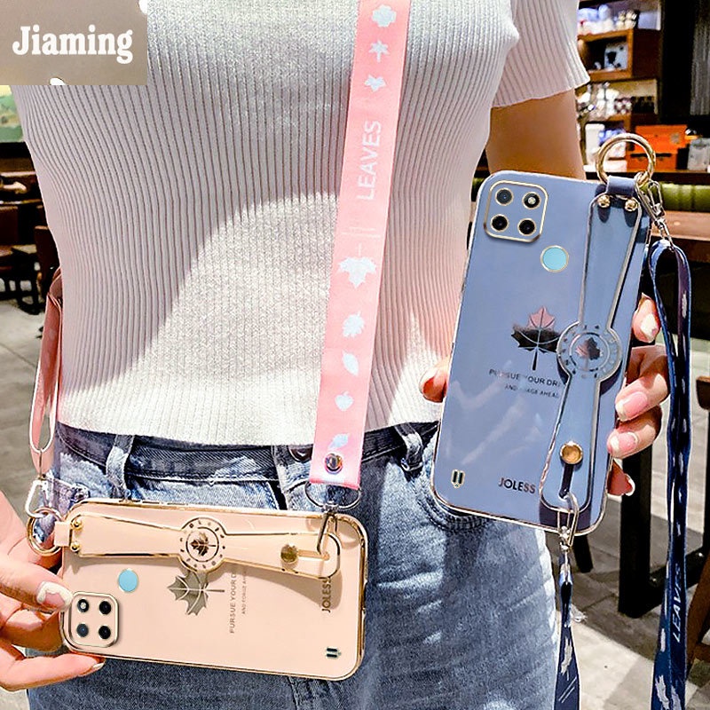 Ốp Điện Thoại Viền Thẳng Mạ Điện Họa Tiết Lá Phong Kèm Dây Đeo Và Vòng Tay Cho Realme C21Y C25Y