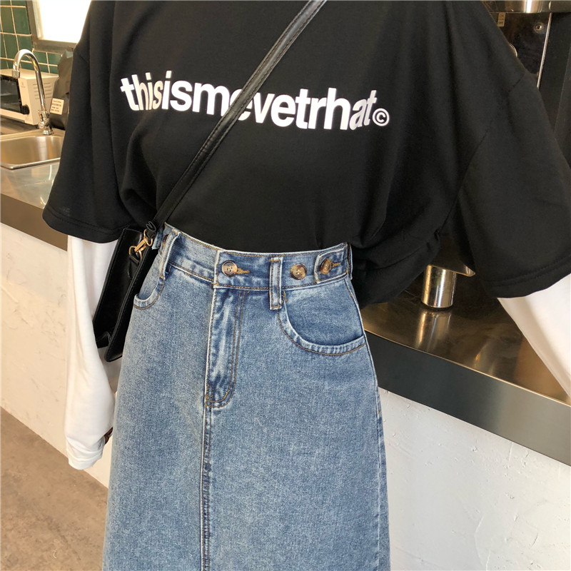 Chân váy denim dài xẻ tà thời trang mùa thu năng động retro