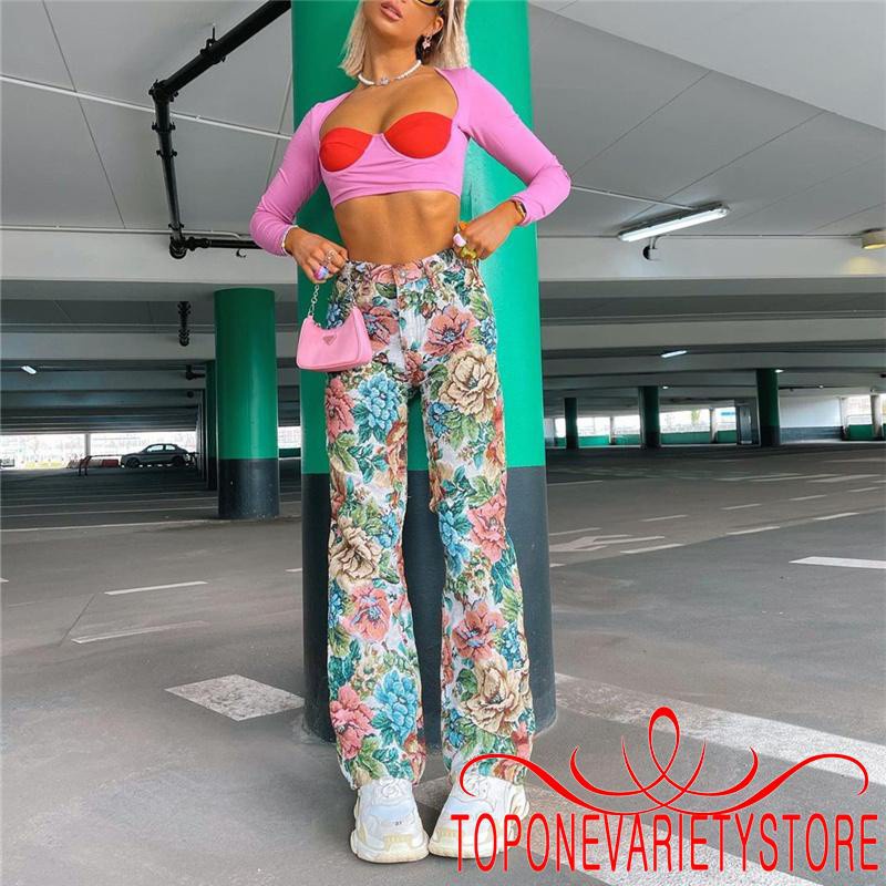 Quần Dài Nữ Ống Rộng Lưng Cao Họa Tiết Hoa Thời Trang