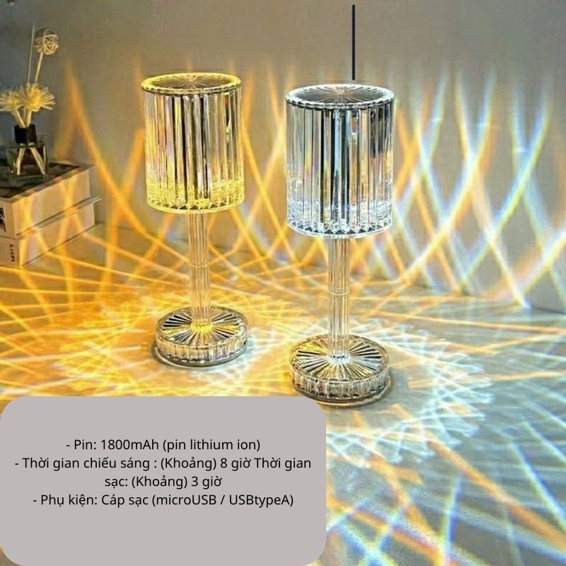 Đèn pha lê kim cương phong cách châu âu để bàn cảm ứng 16 màu đèn ngủ có pin sạc MIIBOOSHI D3.015