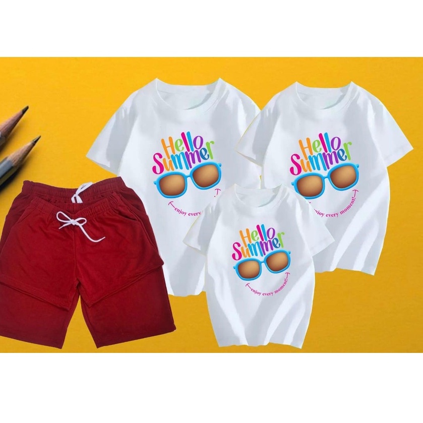 Áo thun gia đình, Đồng phục gia đình 3/4/5 người, áo nhóm giá rẻ thun cotton mát mịn - in chữ HELLO SUMMER mắt kính