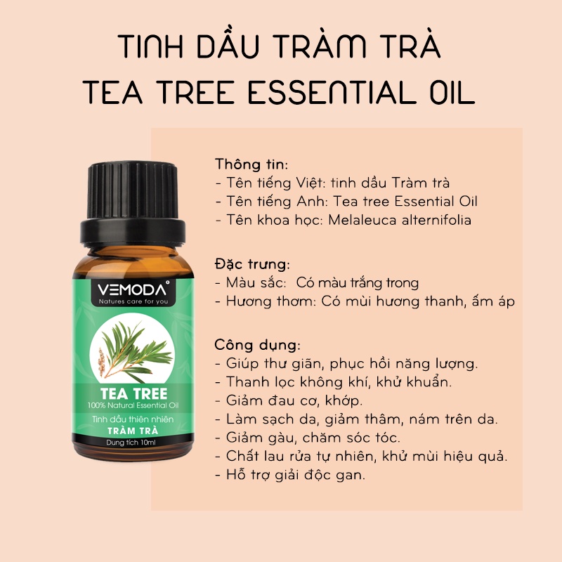 Tinh dầu Tràm trà Vemoda. Tinh dầu xông phòng, kháng khuẩn, giảm mụn, khử mùi, giữ ấm, chăm sóc tóc, thơm phòng