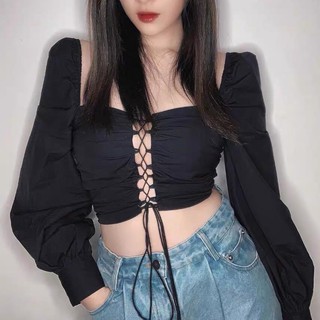 Áo Croptop Đan Dây Tay Dài Daisy (TRẮNG+ĐEN)