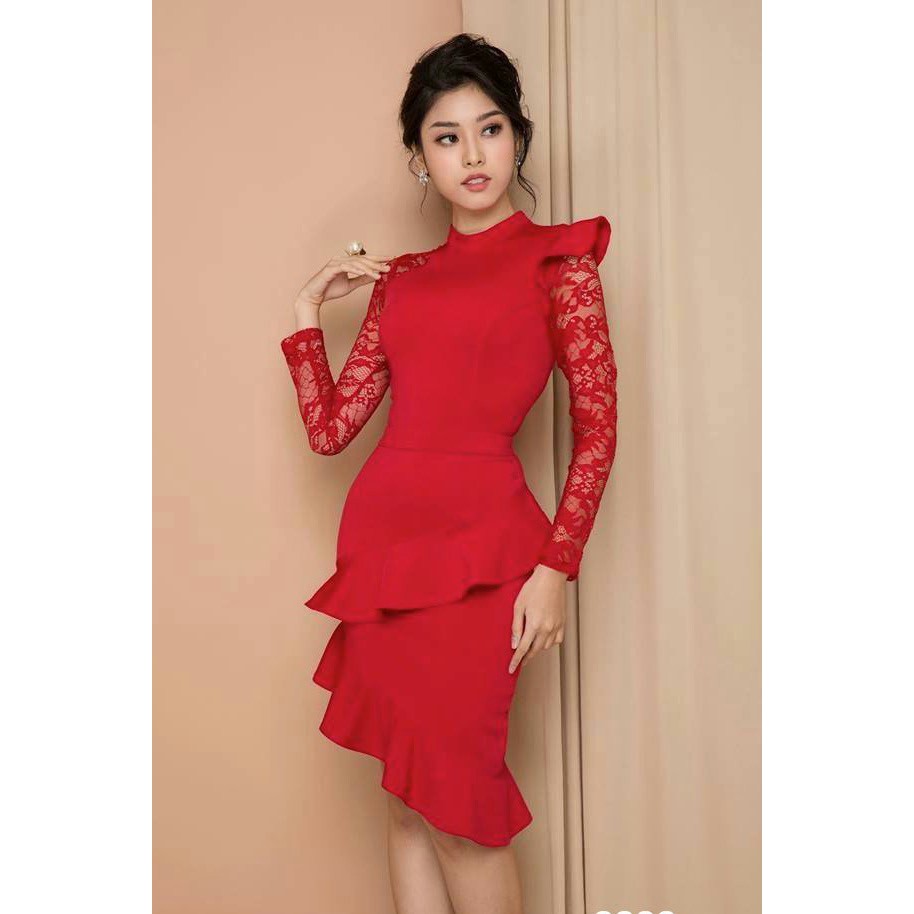 Đầm body tay ren phối bèo - Đỏ