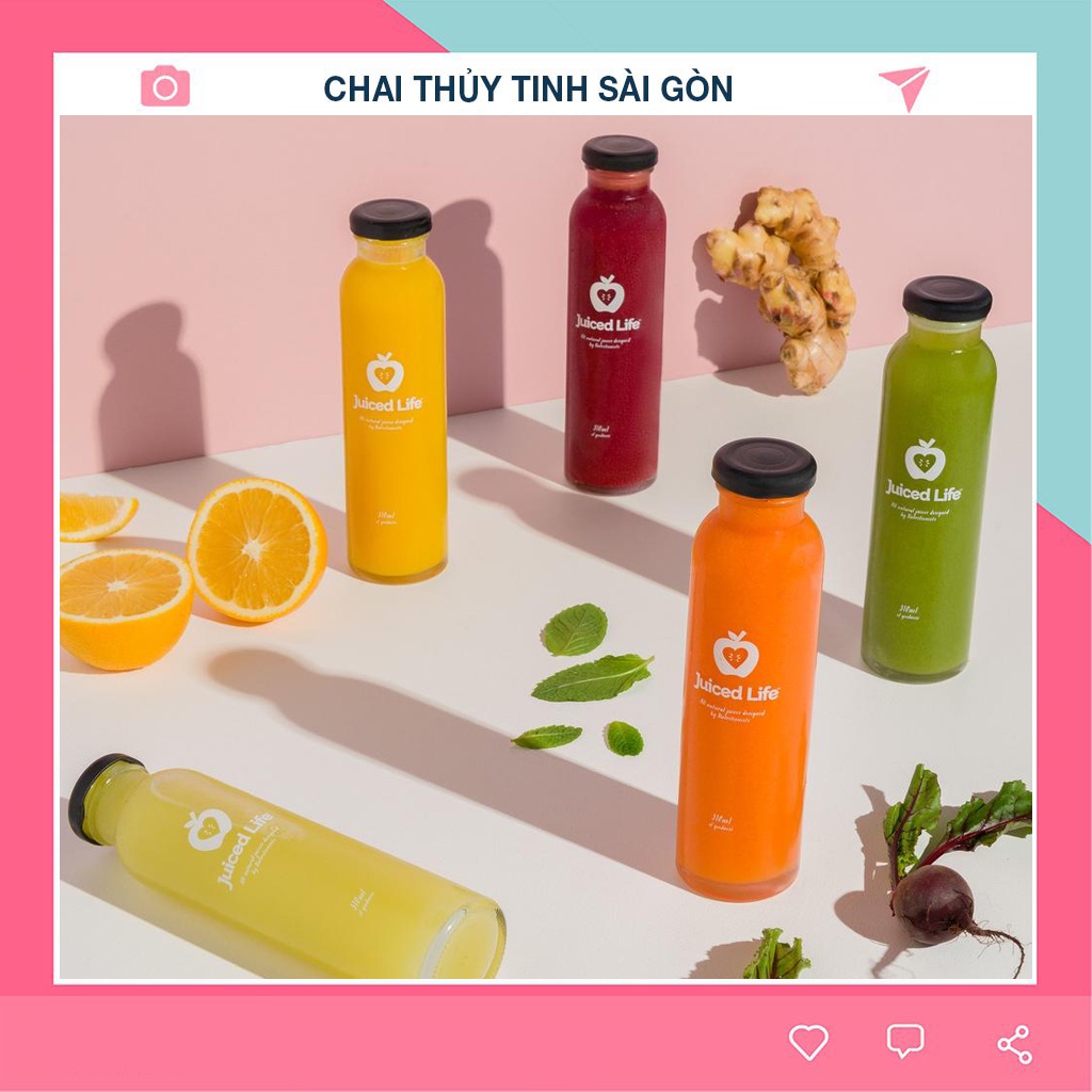 Chai thủy tinh tròn cao nắp thiếc PL 350ml đựng nước ép trà non