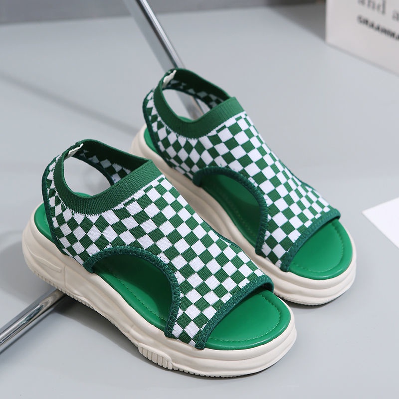 Oeggeo shop Xăng đan Dệt Kim Đế Dày Thoáng Khí Kẻ Sọc Cho Nữ