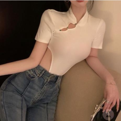 Áo Liền Quần Ngắn Tay Cổ Đứng Khoét Lỗ Phối Nút Thời Trang Mùa Hè Cho Nữ