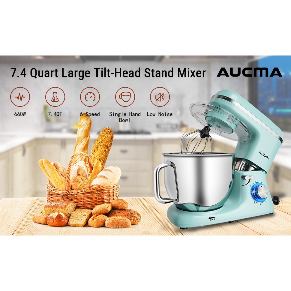 Máy nhào bột Aucma 7L SM-1520 cối inox có tay cầm- Hàng xuất Mỹ công nghệ sản xuất của Đức- Bảo hành 1 năm