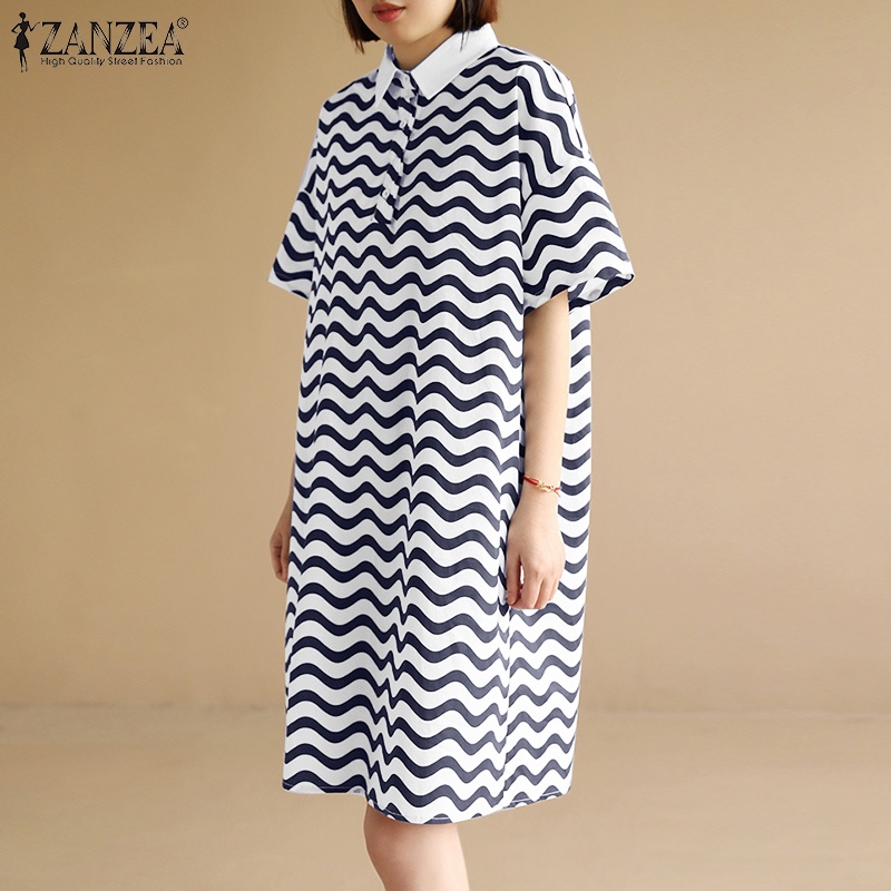 Đầm ZANZEA ngắn tay họa tiết lượn sóng thời trang cho nữ