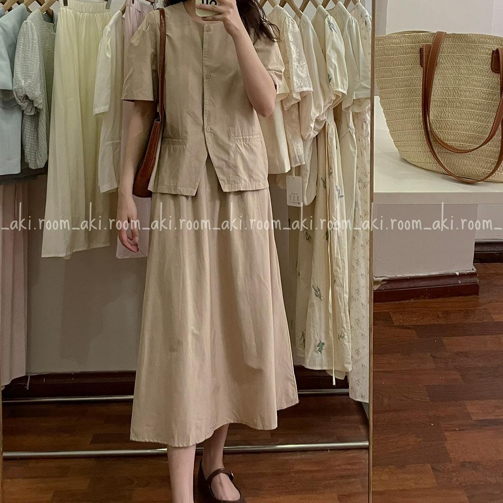 Set lanh lụa áo blouse tay bồng hai túi cơi mix chân váy dài cạp chun 90222