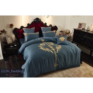 set KHUÔN MẶT HIỀN TỪ  bộ Chăn Ga Gối cưới  Lụa thêu cao  cấp