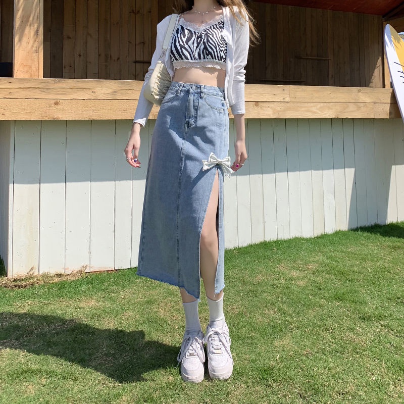Jiashucheng Chân Váy Denim Lưng Cao Dáng Ôm Xẻ Tà Thời Trang Mùa Hè 2022 Phong Cách Mới