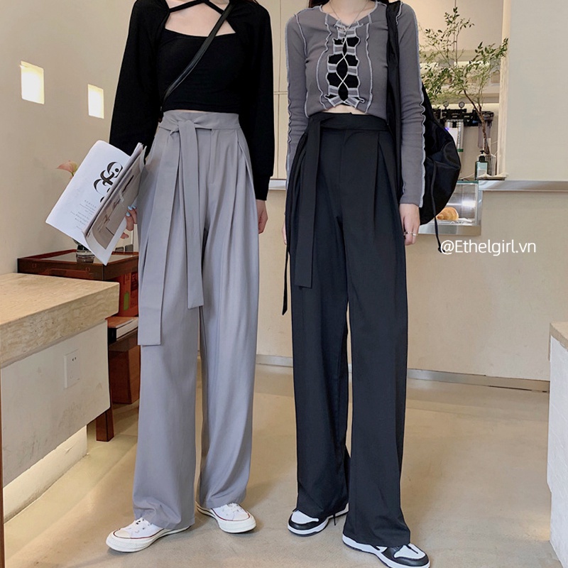 Quần ống suông rộng eo cao màu trơn thời trang Hàn Quốc tối giản cho nữ