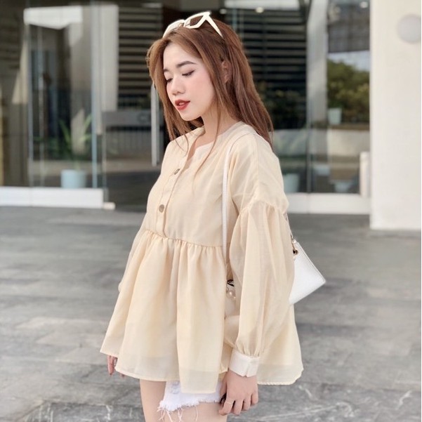 Áo Babydoll Bánh Bèo Áo Kiểu Nữ Trắng Siêu Cute 2 Lớp