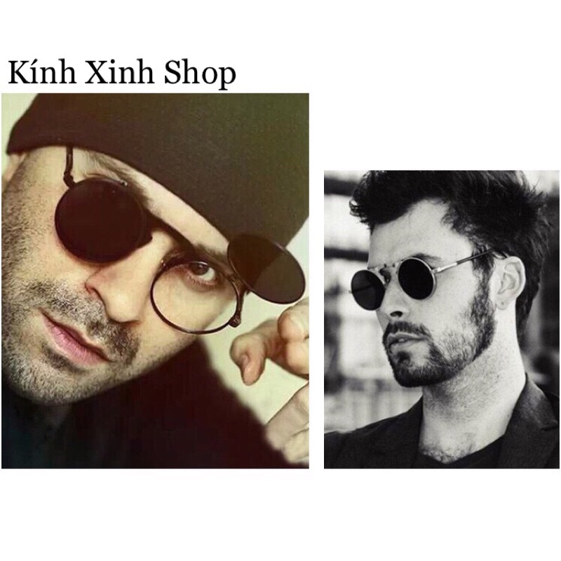 Kính Râm Nam Nữ Mắt Tròn Nhỏ 2 Tròng Lật Lên Gọng Kim Loại Xuống Có Thể Đi Ngày và Đêm
