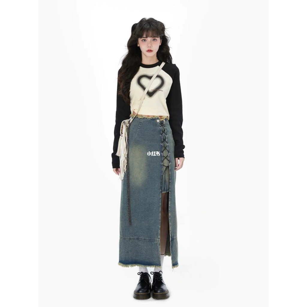 Áo Thun Tay Dài Cổ Tròn In Hình Trái Tim Phối Màu Thời Trang Cho Nữ