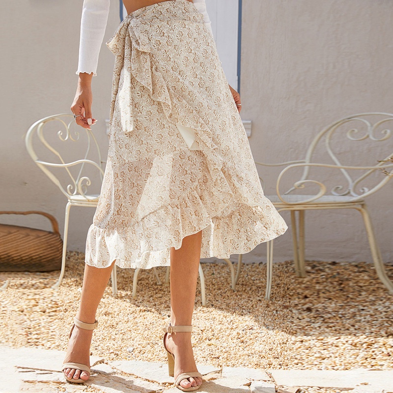 Chân Váy Midi Dài Dáng Chữ A Lưng Cao In Họa Tiết Hoa Phối Bèo Và Thắt Nơ Xinh Xắn Thời Trang Mùa Hè Cho Nữ