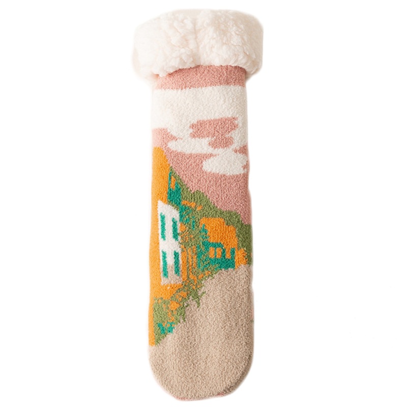 Xiangbao Vớ Lông Cừu Giả Dày In Hình Phong Cảnh Làng Quê Đầy Màu Sắc Giữ Nhiệt Mùa Đông Cho Nữ