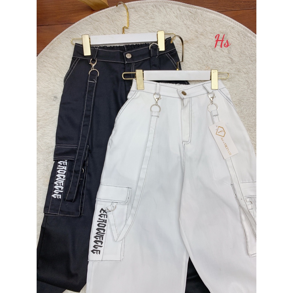 Quần jogger unisex  túi hộp phối khóa kèm dây đai 2 màu trắng, đen AOSY STORE mã 1169