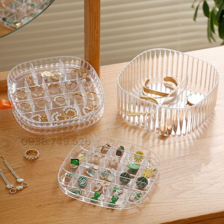 Hộp Đựng Trang Sức Trong Suốt, Nhiều Ngăn, 3 Tầng, Hộp Đựng Khuyên Tai,  Kt 15x15x7.5cm