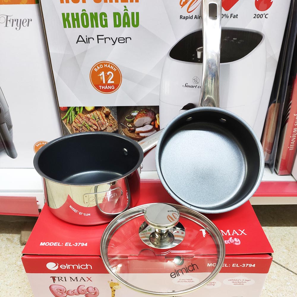 {GIÁ RẺ} Bộ Quánh Nồi Bột Chảo Inox Đáy Full Từ ELMICH El3794 Quánh14cm Chảo 14cm