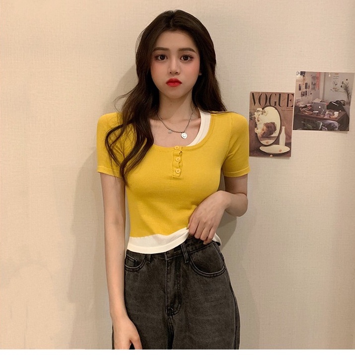 【ZHELIHANGFEI】 Áo Thun Dệt Kim Mỏng Tay Ngắn Dáng Ôm Giả Hai Lớp Thời Trang Mùa Hè Bán Chạy Cho Nữ