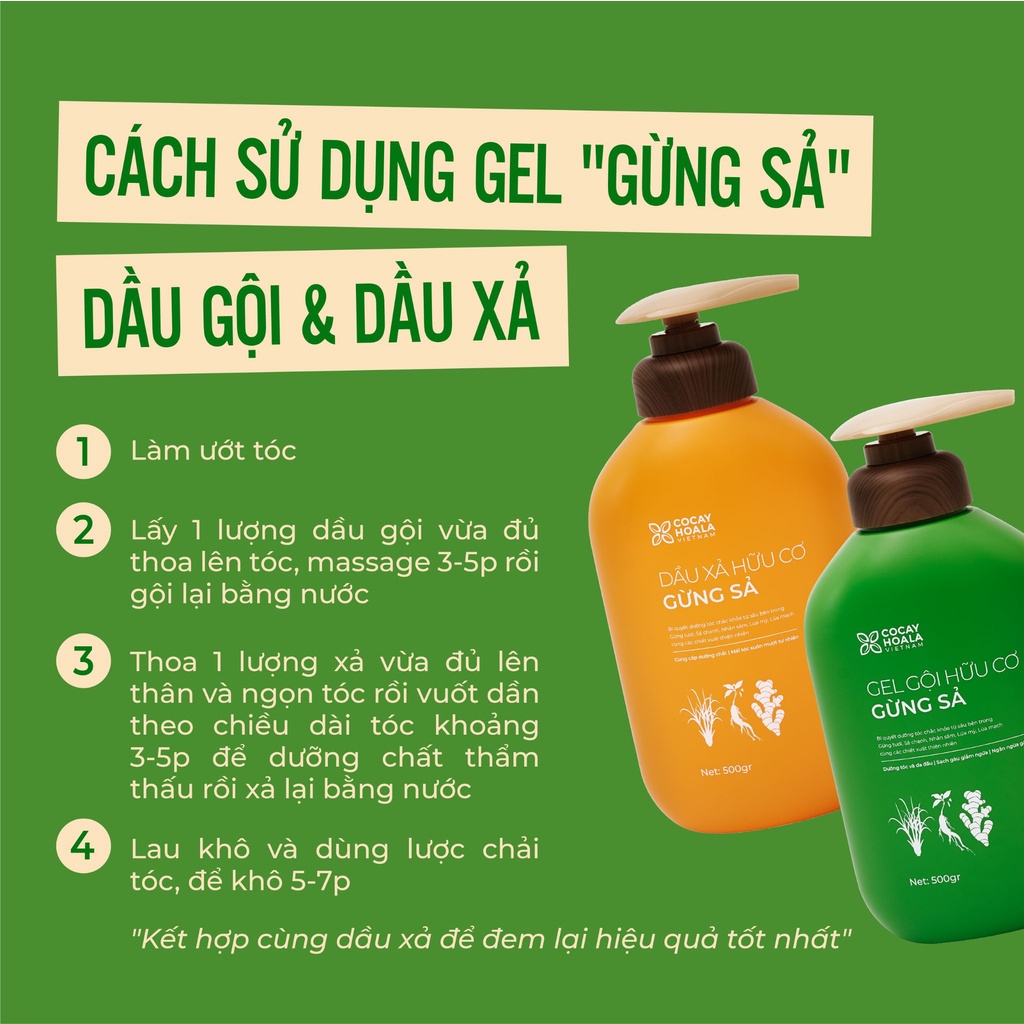 Bộ dầu gội 500g và dầu xả 500g Gừng Sả Cỏ Cây Hoa Lá - Dưỡng tóc bồng bềnh - Ngăn bết, gàu ngứa