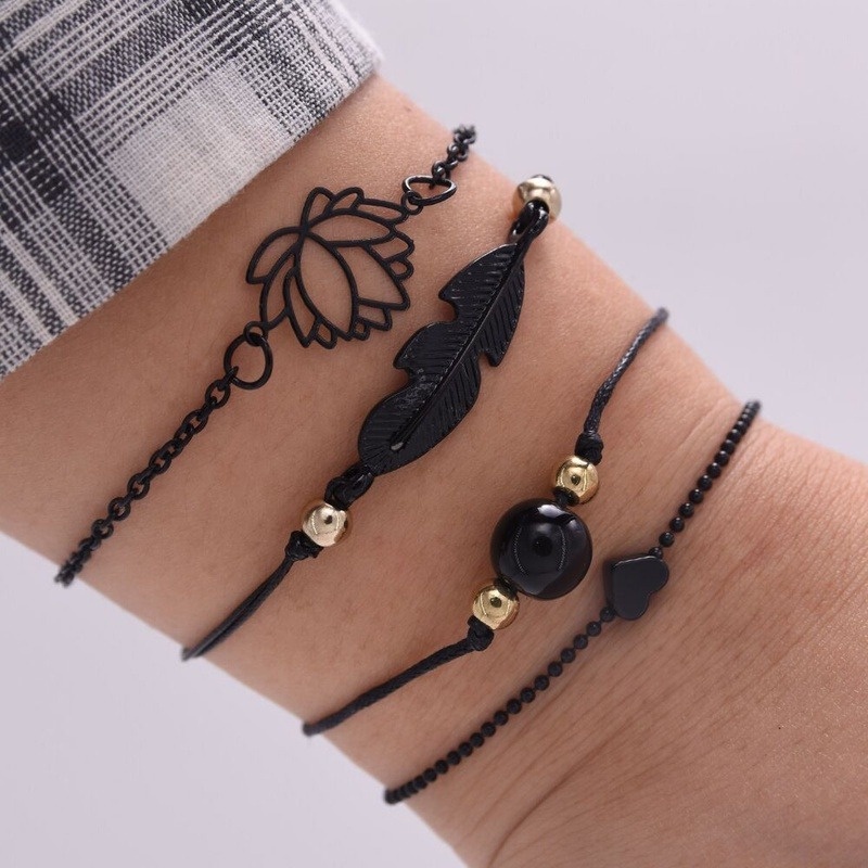 Set 4 Vòng Tay Bện Dây Hình Hoa Sen/Lá Sen/Lá Sen Màu Đen Phong Cách Bohemian Vintage Có Thể Điều Chỉnh Cho Nữ