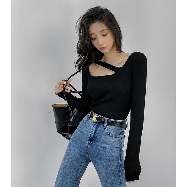 QADCOL Áo sweater Dệt Kim Tay Dài Cổ Vuông Đục Lỗ Kiểu Pháp Dễ Thương Cho Nữ