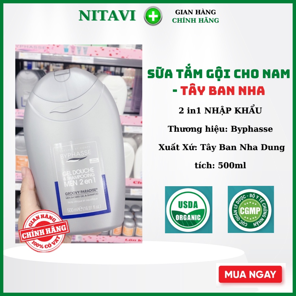 Sữa tắm cho Nam giới tắm gội 2in1 TÂY BAN NHA Byphasse - Gel Douche &amp; Shampooing Men 2en1 Groovy Paradise 500ml