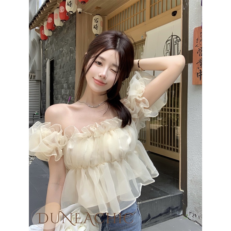 DUNEA Áo Kiểu Chiffon Tay Phồng Trễ Vai Phong Cách Quyến Rũ