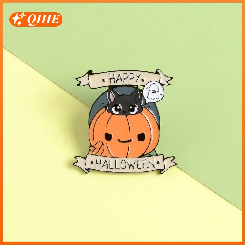Ghim cài áo QIHE JEWELRY tráng men hình bí ngô mèo đen bóng ma trang trí Halloween vui nhộn
