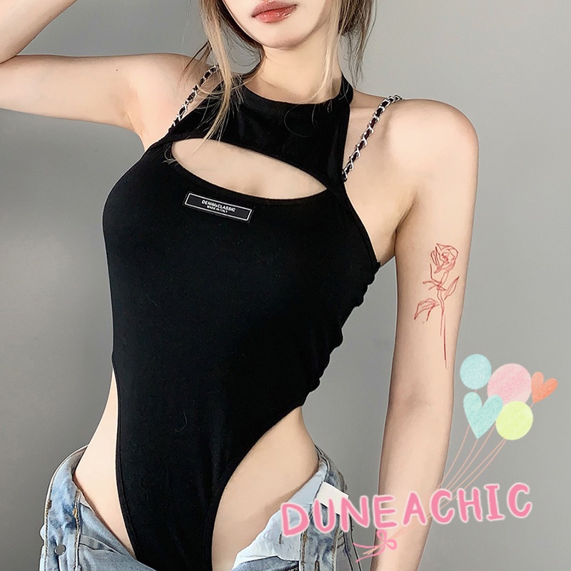 DUNEA Bộ Áo Liền Quần Hở Lưng Phối Dây Xích Gợi Cảm Cho Nữ