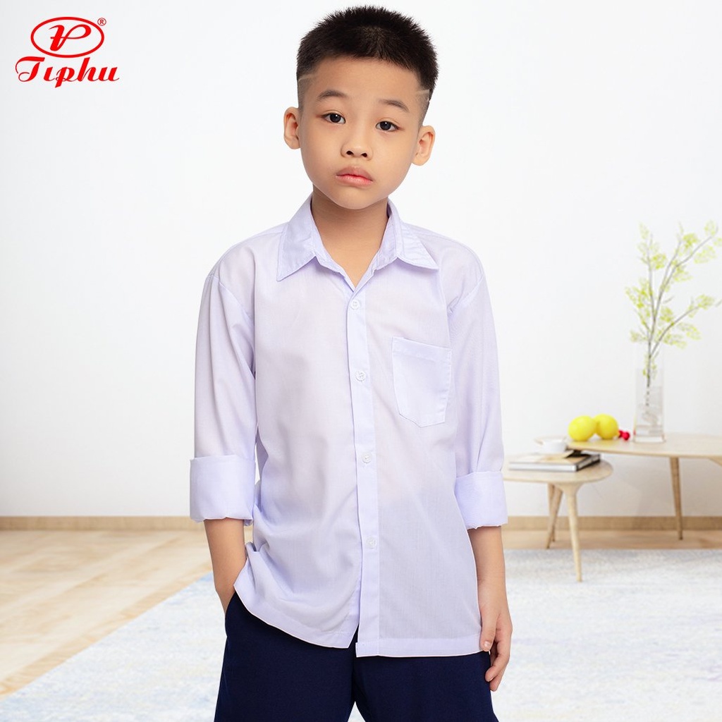 Áo sơ mi trắng bé trai tay dài, đồng phục học sinh cấp 1 2, lai bằng, chất vải KT Silk mềm mại, size từ 6 tuổi trở lên