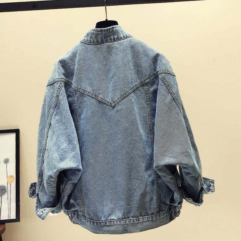 Áo Khoác Denim Cổ Đứng Dáng Rộng Phối Túi Thời Trang Hàn Quốc Mới Cho Nữ