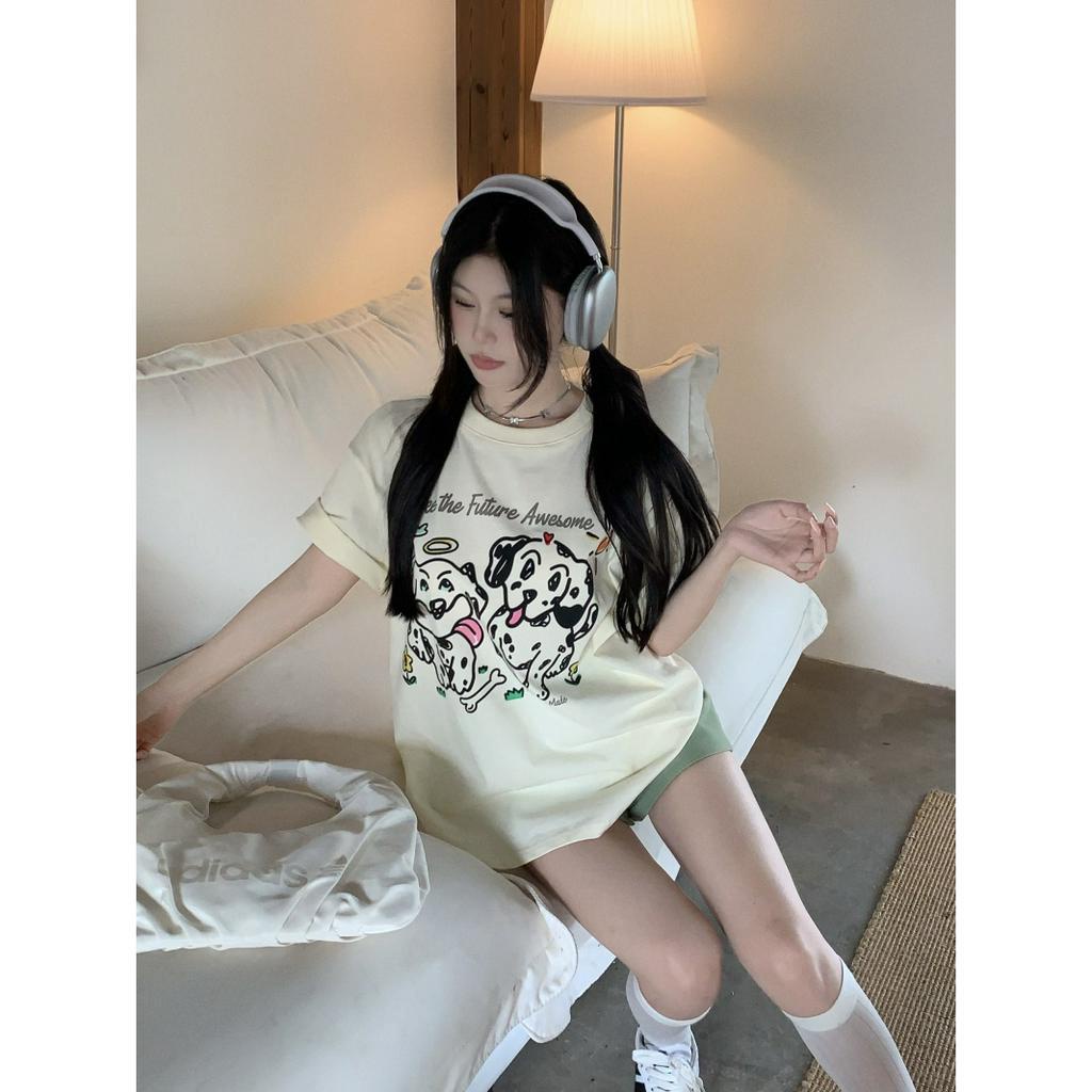 「 WELOVE1 」Áo Thun Nữ Tay Ngắn Cổ Tròn Dáng Rộng In Hình Chú Cún Đốm Dễ Thương Phong Cách Hàn Quốc Mới