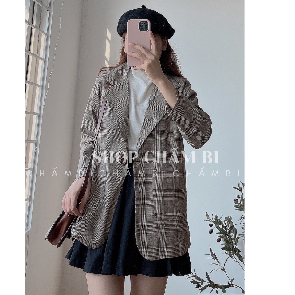 Áo khoác kiểu nữ A.267, Áo blazer 2 lớp 1 cúc thân kẻ nâu túi tròn dài tay style Hàn Quốc