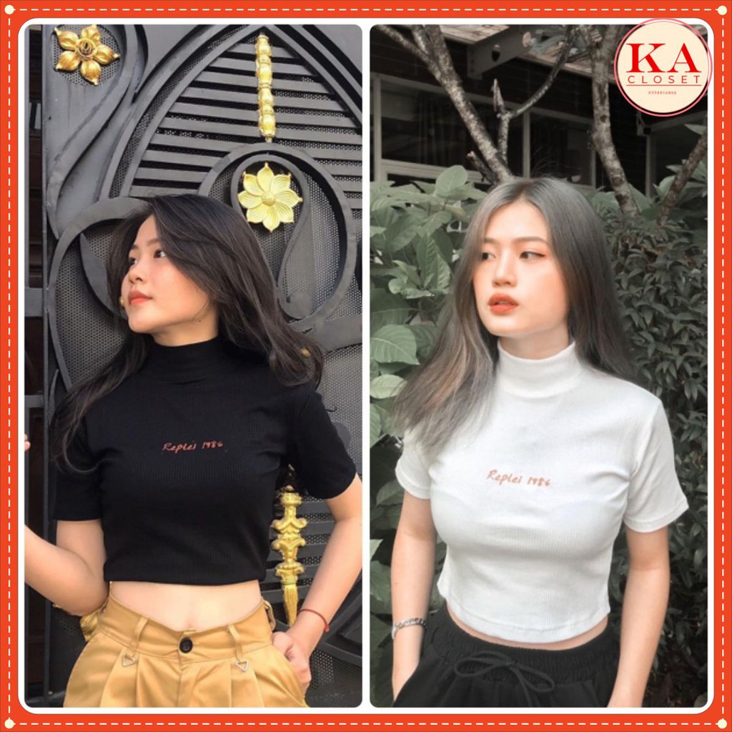 Áo croptop cổ cao 1986, KA Closet Chất Bozip Cotton, 2 màu Đen, Trắng, Chữ thêu, mẫu dáng mới 2021