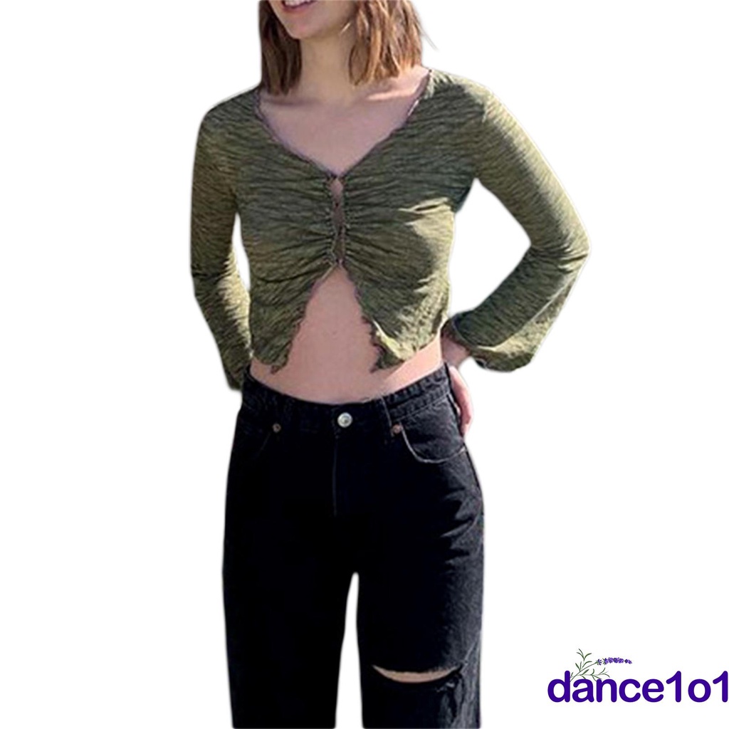 Áo nữ tay dài cổ chữ V thiết kế quyến rũ thời trang