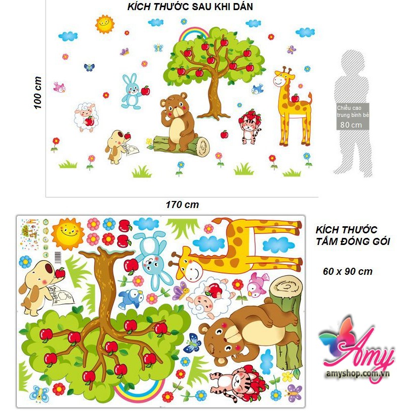 Decal dán tường Vườn Thú và Cây táo, decal dán tường Thú cây táo