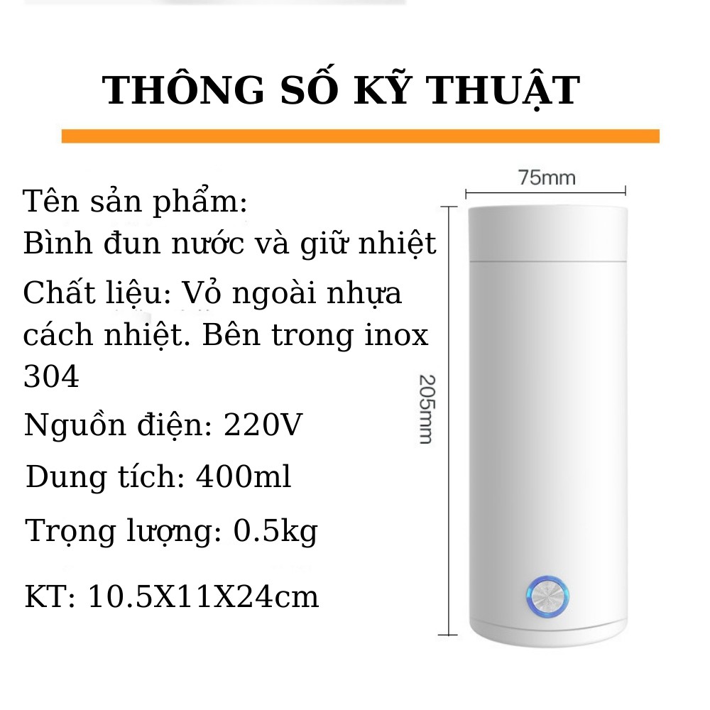 [Mã LT50 giảm 50k đơn 250k] Bình đun nước nóng kiêm giữ nhiệt lõi inox TiLoKi TGN.02 dung tích 400ml