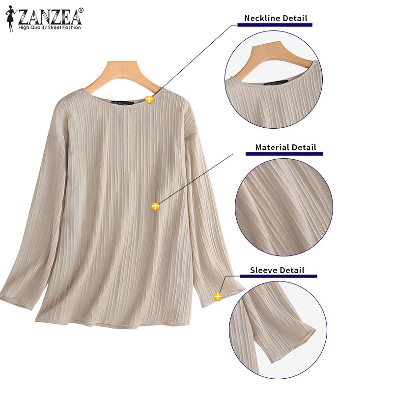 Áo kiểu ZANZEA dài tay cổ tròn xếp ly màu trơn thời trang cho nữ