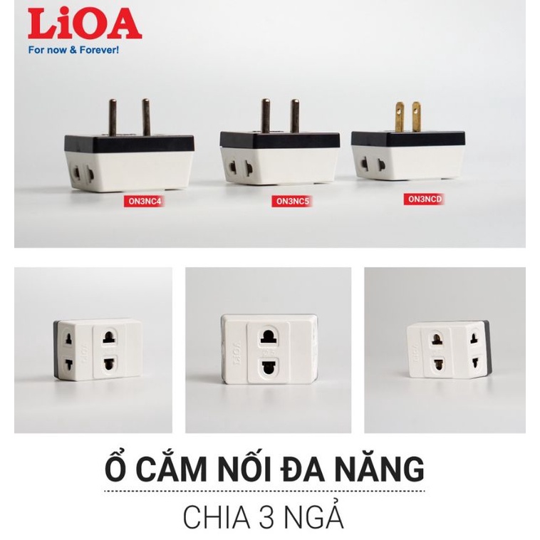 Ổ cắm nối chia 3 ngã LIOA, chân cắm tròn phi 4, phi 5 , chân dẹt - ON3NC4 - ON3NC5 - ON3NCD