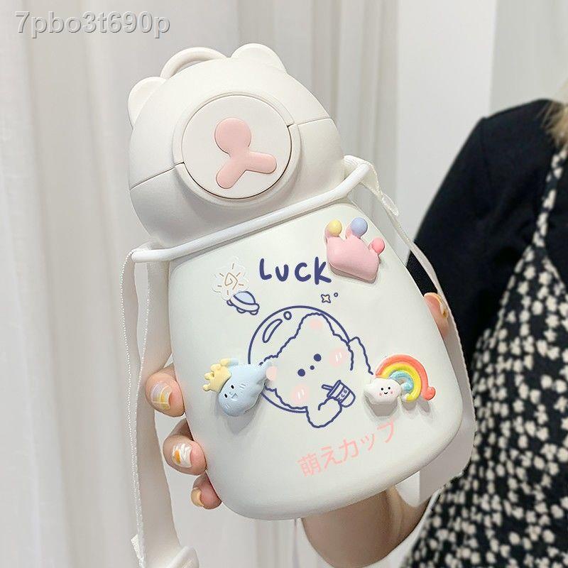 Cốc nước giữ nhiệt nữ dễ thương với ống hút sinh viên chai ròng màu đỏ giá trị cao trẻ em đi học siêu bụn
