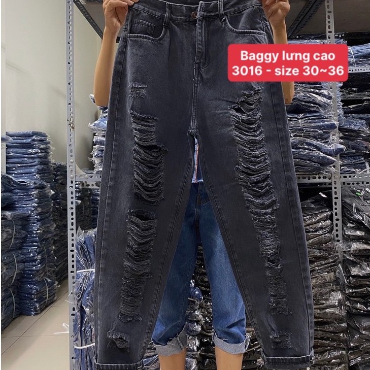 [Size 30~36] Quần Baggy Cotton Rách Thời Trang - Form To Dài - Lưng Cao Qua Rốn/ Quần Baggy Jean Nữ Bigsize