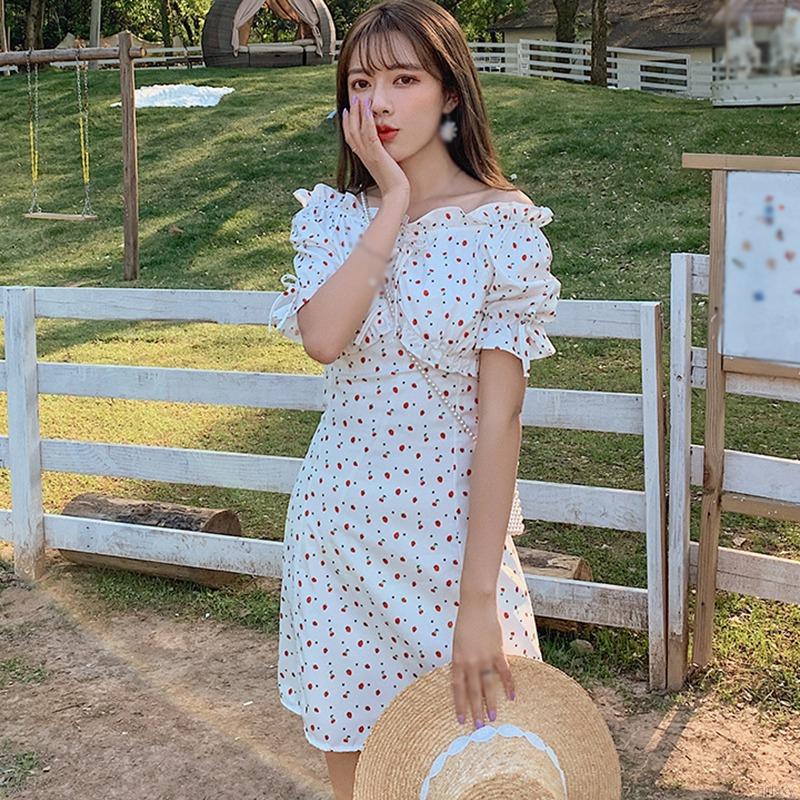 Đầm Nữ Ngắn Tay Cổ Vuông Họa Tiết Hoa Xinh Xắn Phong Cách Hàn Quốc