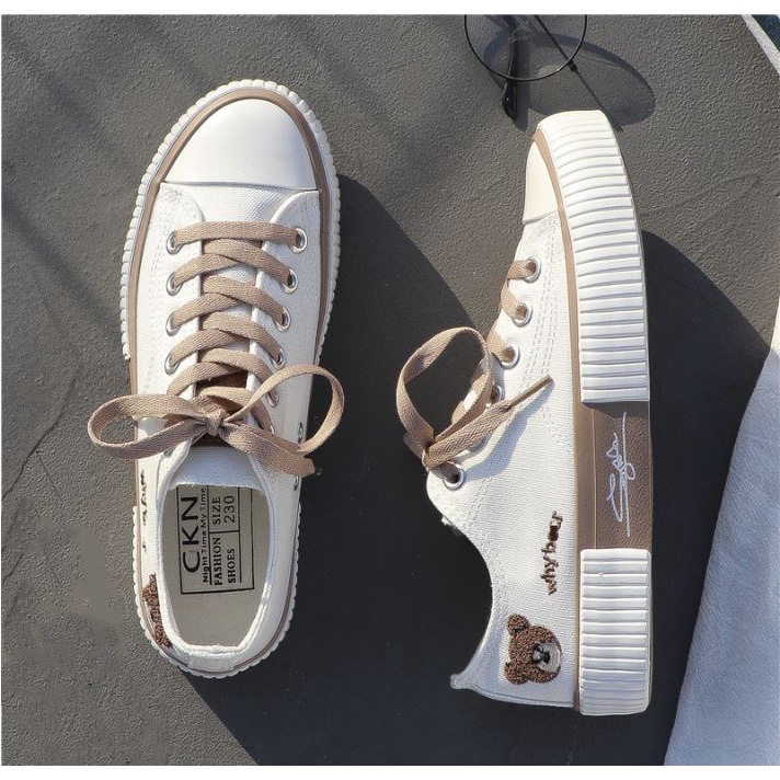 Giày thể thao bata nữ Ulzzang cổ thấp hình gấu, giày nữ đi học sinh đế bằng vải canvas GT02